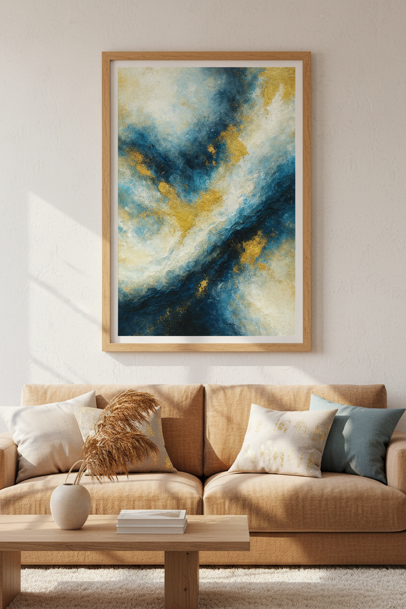 Abstract Gold Blue Wall Art Print | Teal Living Room Decor | Modern Luxe Poster | Fluid Ocean Aesthetic Painting