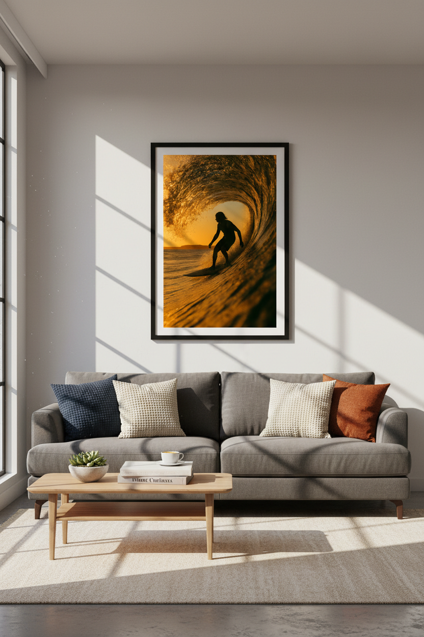 Golden Hour Surfer Wall Art Print | Ocean Wave Beach Decor | Aesthetic Surf Rider Poster | Sunset Coastal Home Art | Adventure Gift