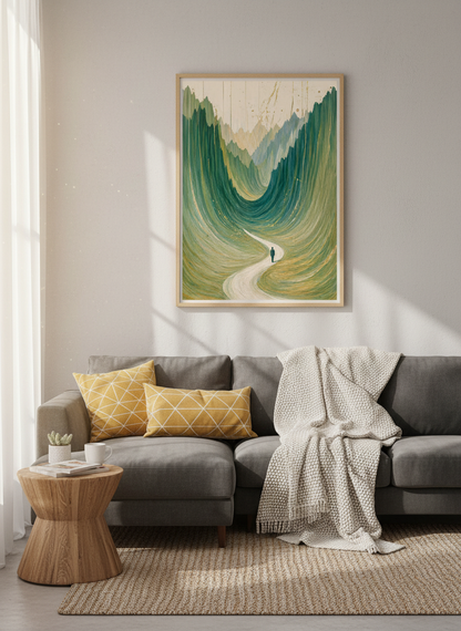 Abstract Mountain Path Wall Art | Serene Green Landscape Decor | Man Journey Poster