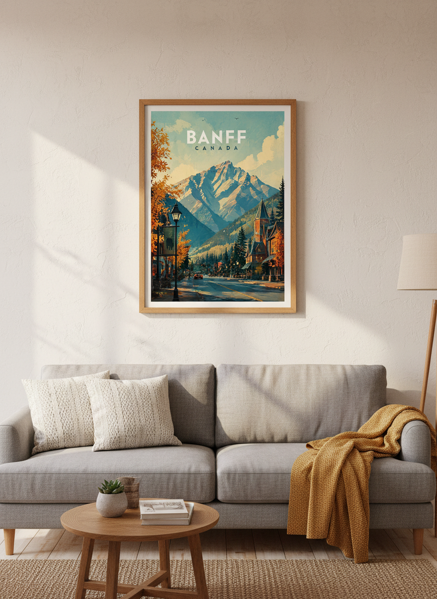 Banff Canada Travel Poster, Mountain Town Autumn Wall Art, Living Room Decor, Rustic Gift