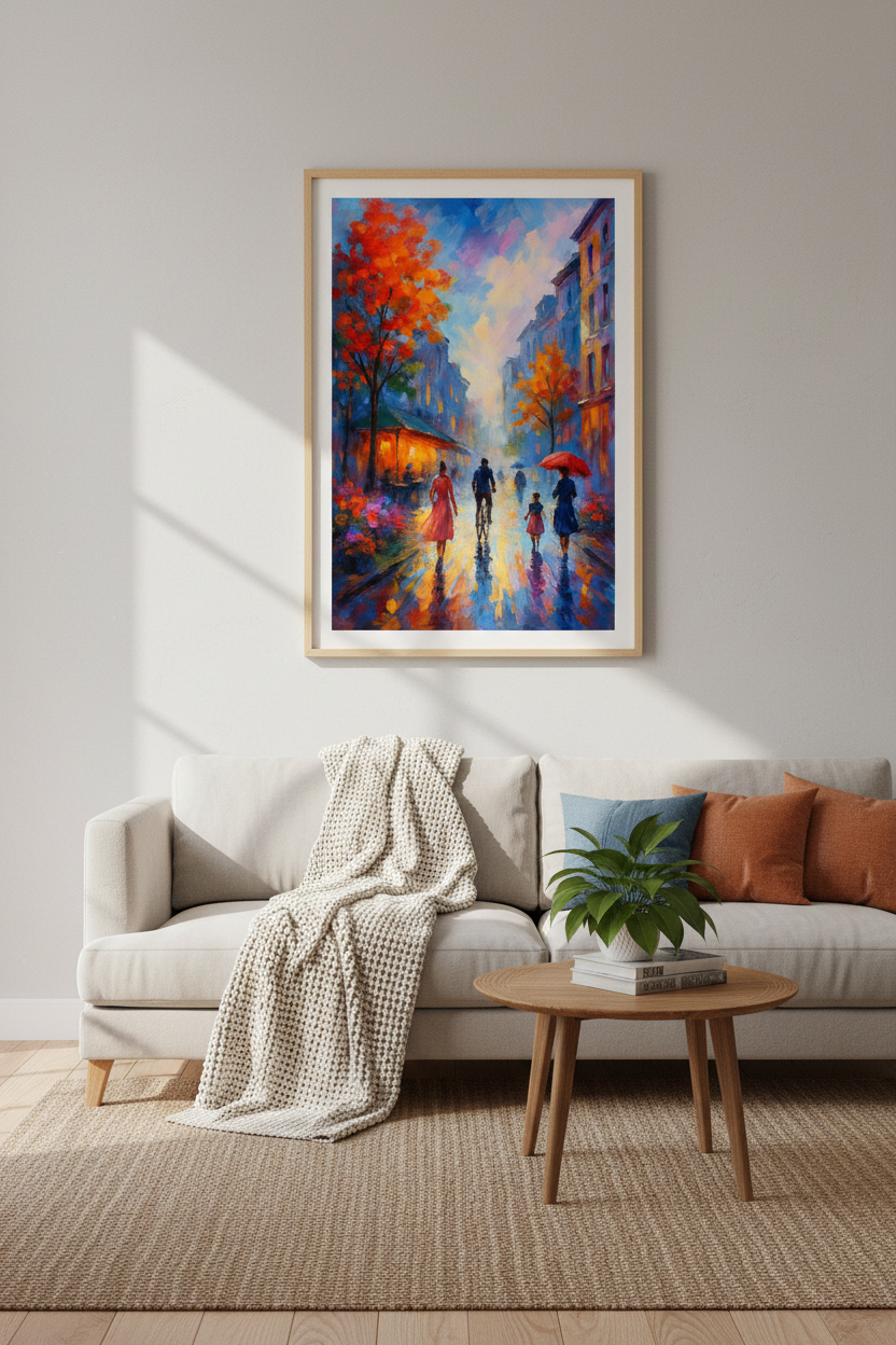 Impressionist Cityscape Wall Art Print | Parisian Street Decor | Vibrant Autumn Poster | Rainy Day Artwork, Framed &amp; Unframed Canvas &amp; Digital
