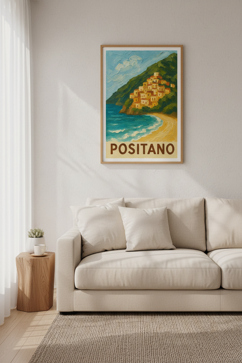 Textured Riviera Positano Wall Art Print | Coastal Living Room Decor | Italian Travel Poster | Mediterranean Aesthetic