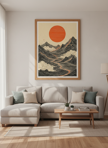 Zen Mountain Sun Art | Japanese Mountain Decor, Minimalist Landscape Poster Print