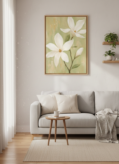 Magnolia Flower Wall Art | Sage Green Floral Print, Botanical Bedroom Decor