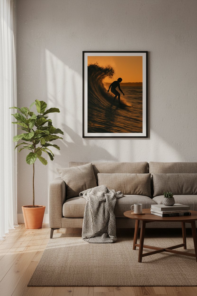 Aesthetic Surfer Sunset Wall Art Print | Coastal Beach Decor | Surf Vibe Poster | Framed Unframed Digital Download
