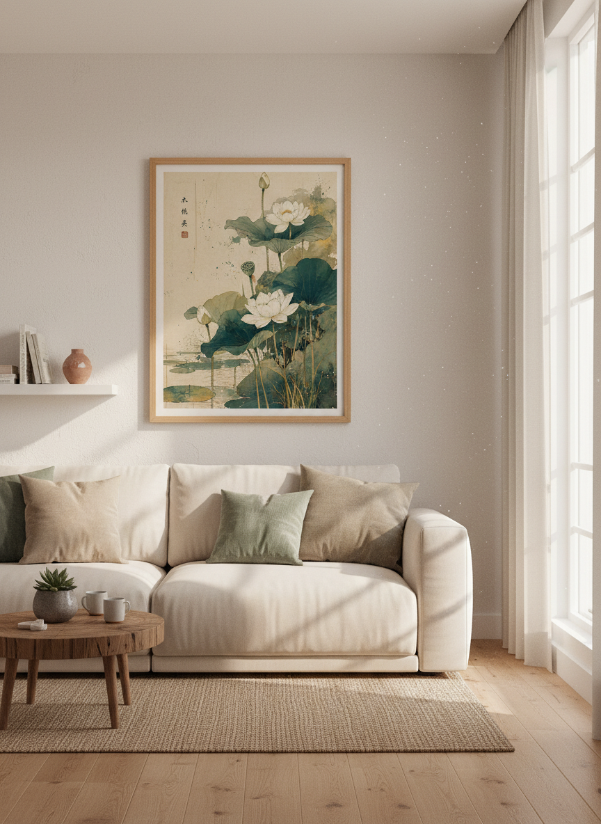 Chinese Watercolor Lotus Wall Art | Zen Decor Living Room | Botanical Aesthetic Poster
