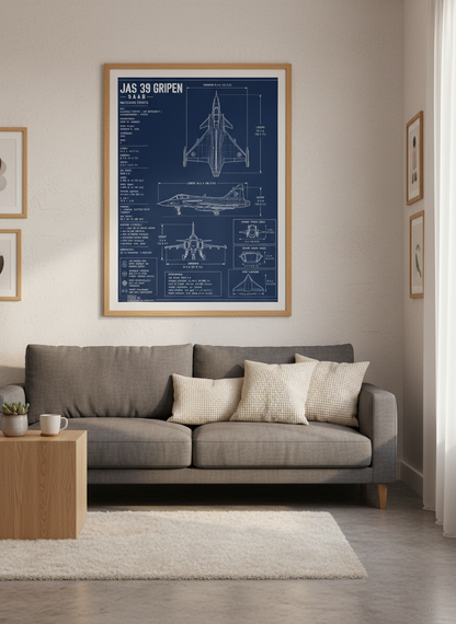 JAS 39 Gripen Fighter Blueprint Art | Aviation Decor, Man Cave Gift, Pilot Print