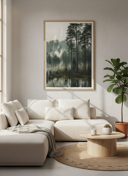 Misty Pine Forest Lake Art Print | Moody Landscape Wall Decor | Gold Brushstroke Poster