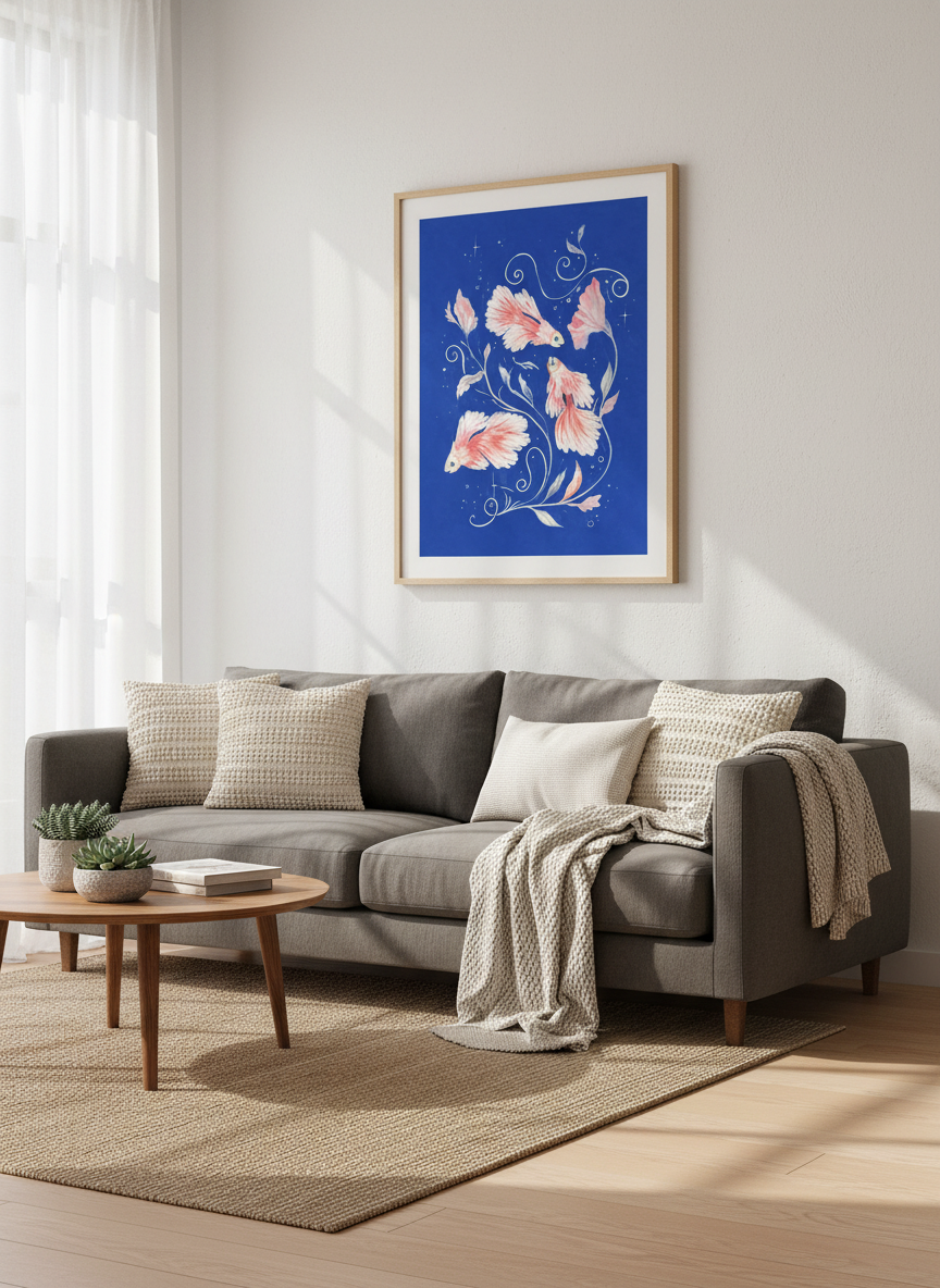 Pink Betta Fish Art Print | Blue Aesthetic Wall Decor, Nature Lover Gift