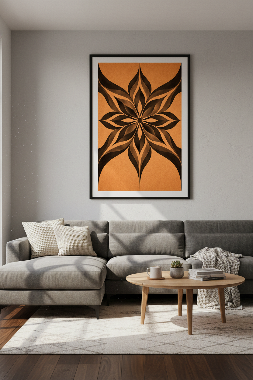 Modern Floral Mandala Wall Art Print | Abstract Boho Decor | Terracotta &amp; Black Botanical Poster | Unique Living Room Home Decor