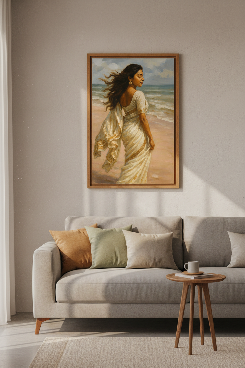 Oil Painting Woman Beach Wall Art | Serene Coastal Decor | South Asian Aesthetic Poster Print | Framed Unframed Digital