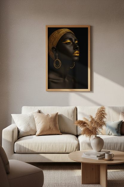 Minimalist Afrocentric Woman Wall Art Print | Glamour Home Decor | Black and Gold Aesthetic Poster | Digital &amp; Physical Options