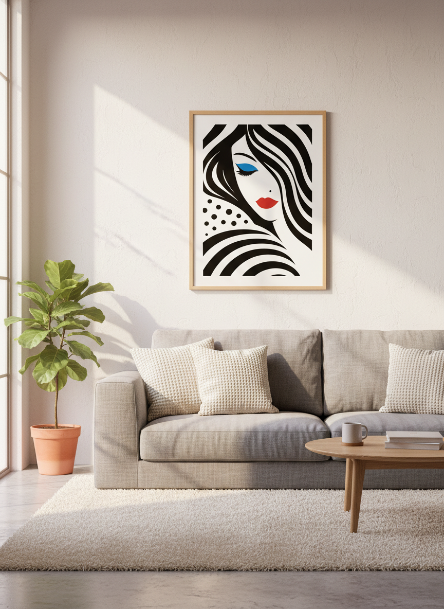 Minimalist Glam Pop Art Woman Print | Black White Red Blue Abstract Portrait Decor