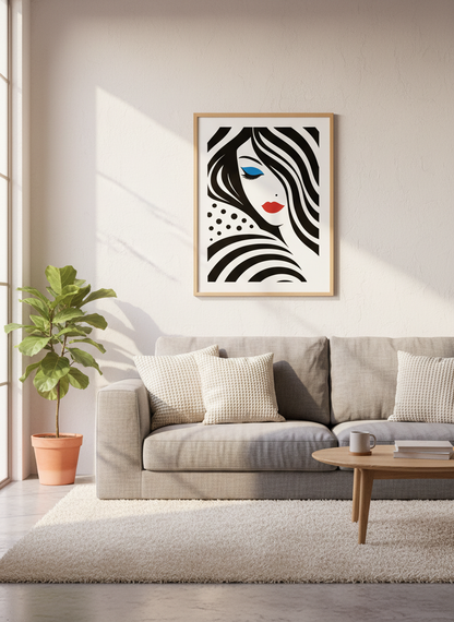Minimalist Glam Pop Art Woman Print | Black White Red Blue Abstract Portrait Decor