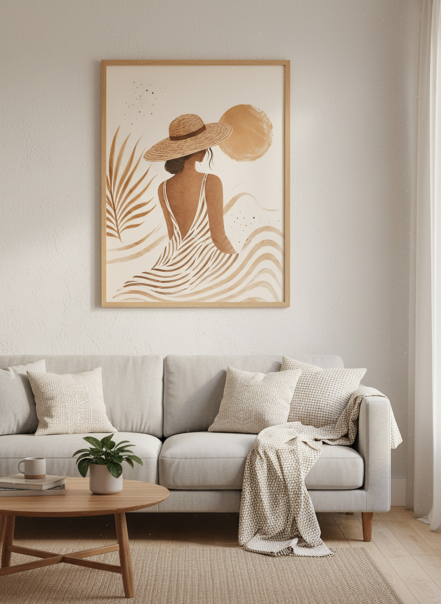 Boho Beach Woman Art | Minimalist Neutral Wall Decor | Coastal Aesthetic Poster Print