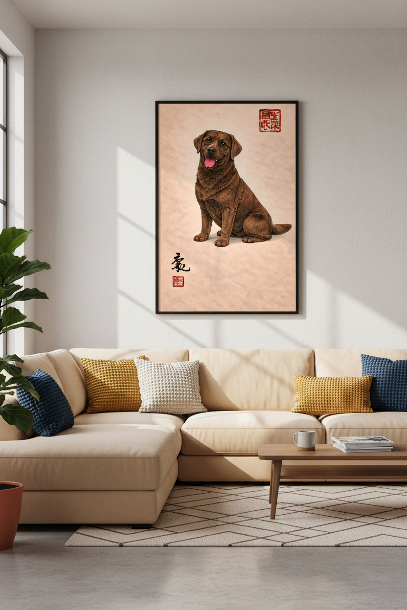 Choco Lab Dog Wall Art Print | Japanese Style Pet Portrait Poster | Brown Labrador Home Decor | Animal Wall Hanging Art