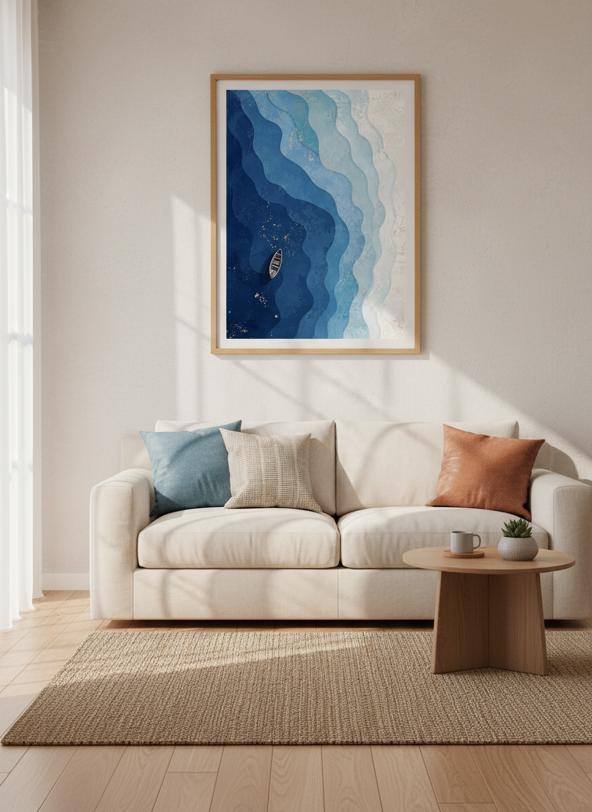 Ocean Waves Boat Art | Abstract Coastal Decor | Blue Nautical Poster Print