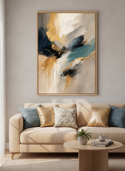 Abstract Gold Wall Art Print | Modern Living Room Decor | Teal Gold Aesthetic Framed Poster | Ready to Hang Art