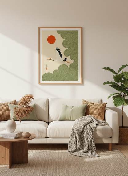 Japanese Crane Wall Art Print | Ukiyo-e Bird Decor | Asian Aesthetic Poster