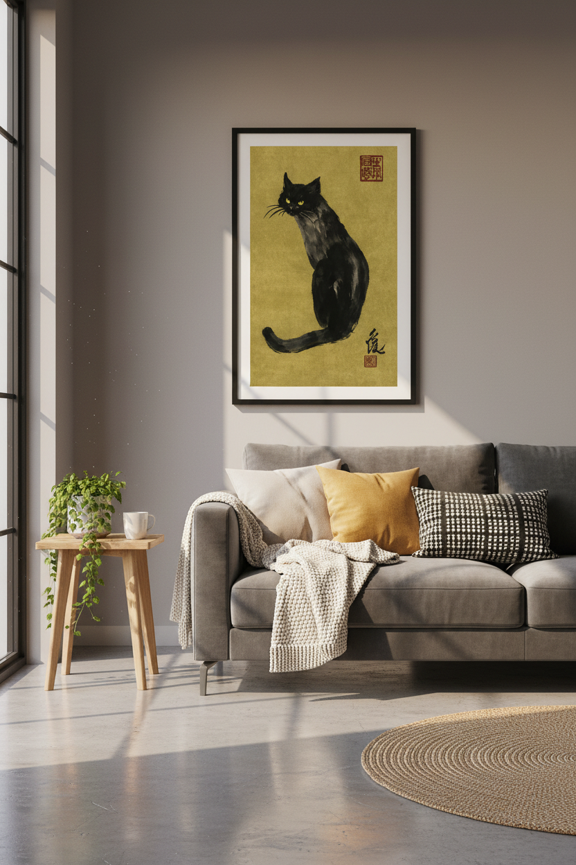 Black Cat Art Print, Japanese Sumi-e Ink Wash Painting, Gold Background, Zen Wall Art, Oriental Animal Home Decor, Framed Poster