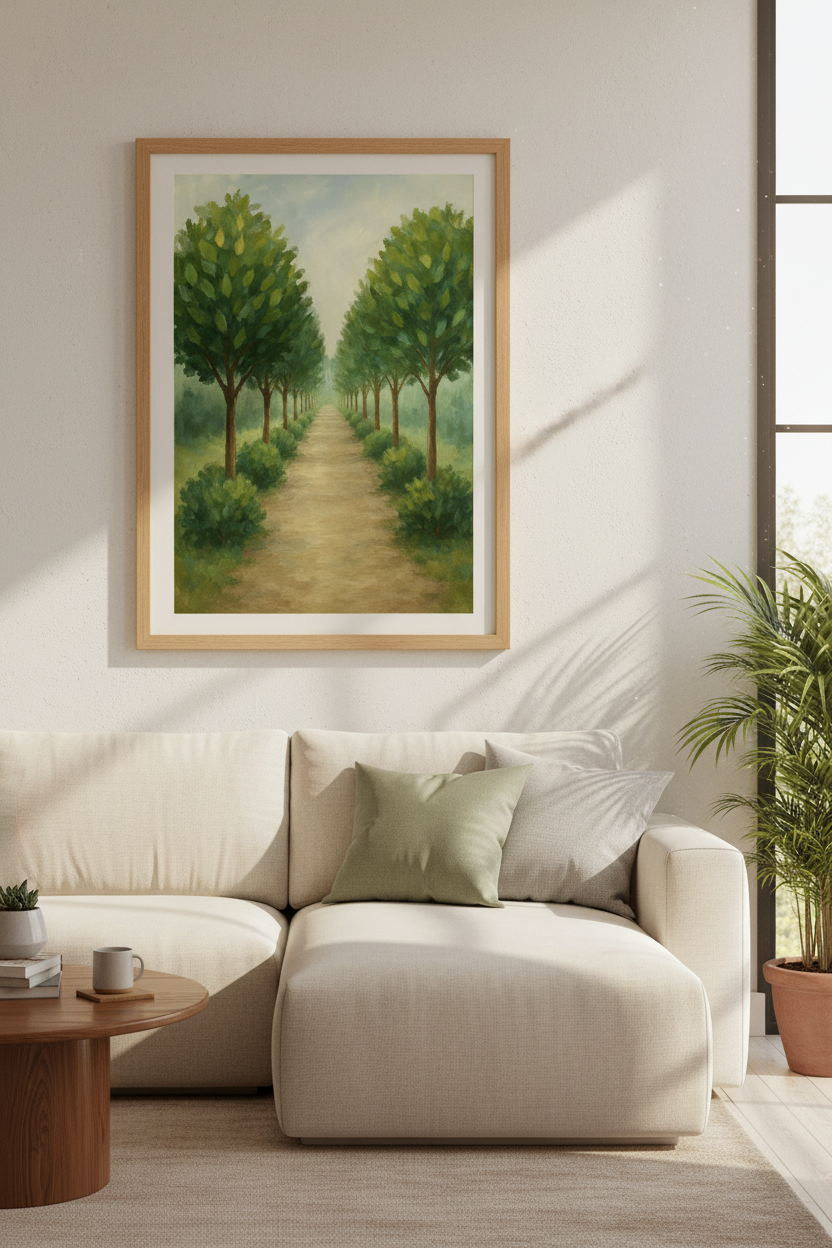 Abstract Nature Art Print | Peaceful Forest Path Wall Decor | Vintage Landscape Poster | Green Tree Lined Avenue Painting