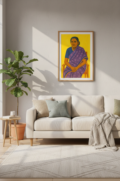 Folk Art Indian Woman Portrait Wall Art Print | Living Room Decor | Vibrant Aesthetic Poster | Unframed, Framed, Digital