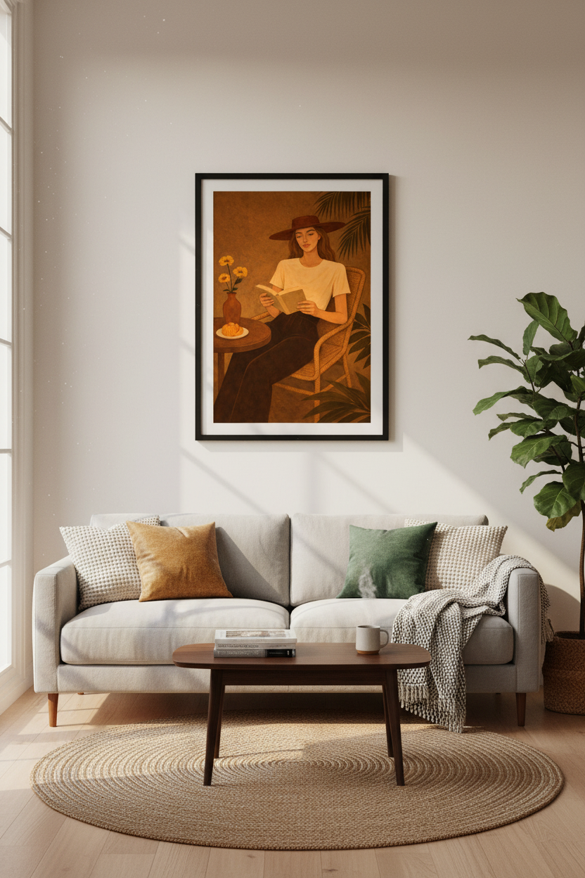 Woman Reading Art Print | Boho Chic Wall Art | Muted Tones Poster | Relaxing Moment Home Decor | Bedroom Living Room Art