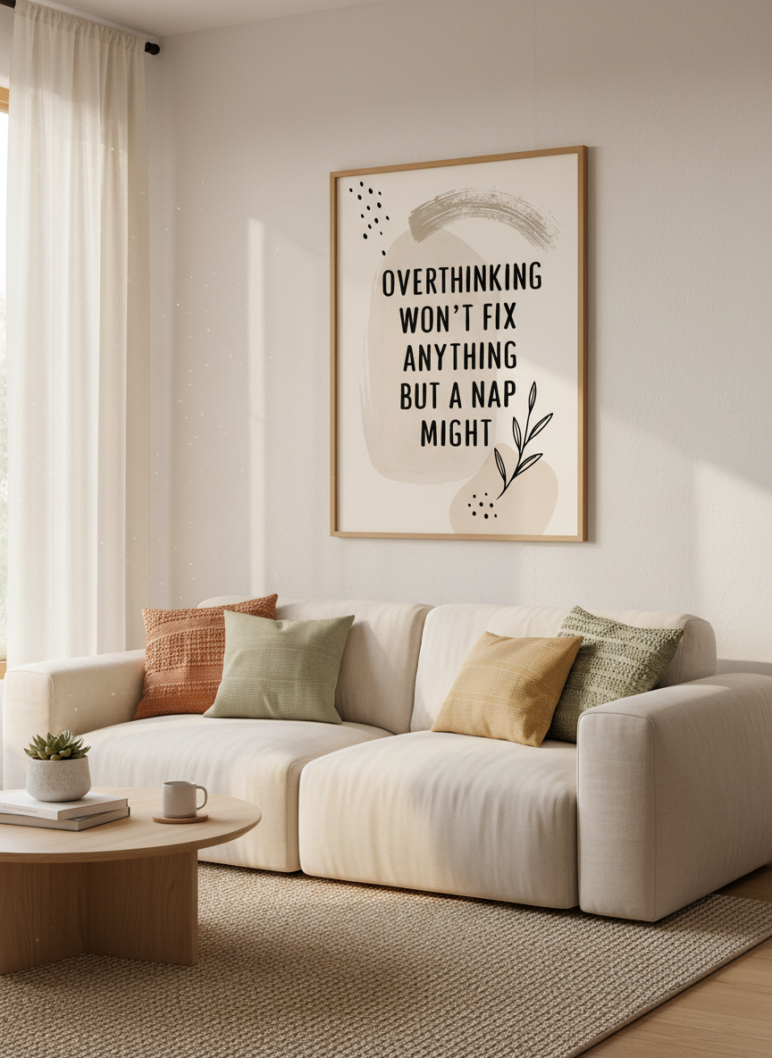 Overthinking Nap Quote Wall Art Print | Boho Neutral Bedroom Decor | Funny Poster