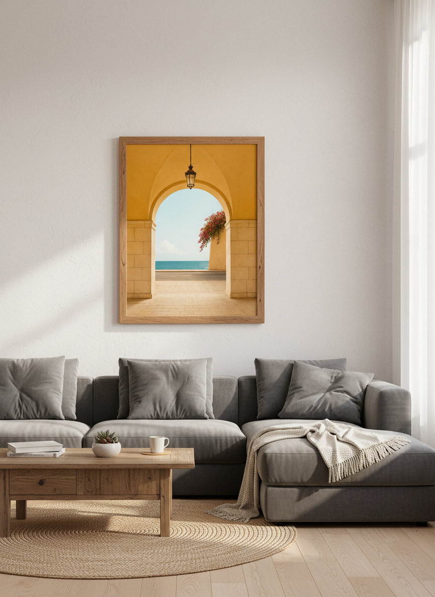 Coastal Archway Sea View Framed Art Print | Mediterranean Decor | Summer Beach House Poster