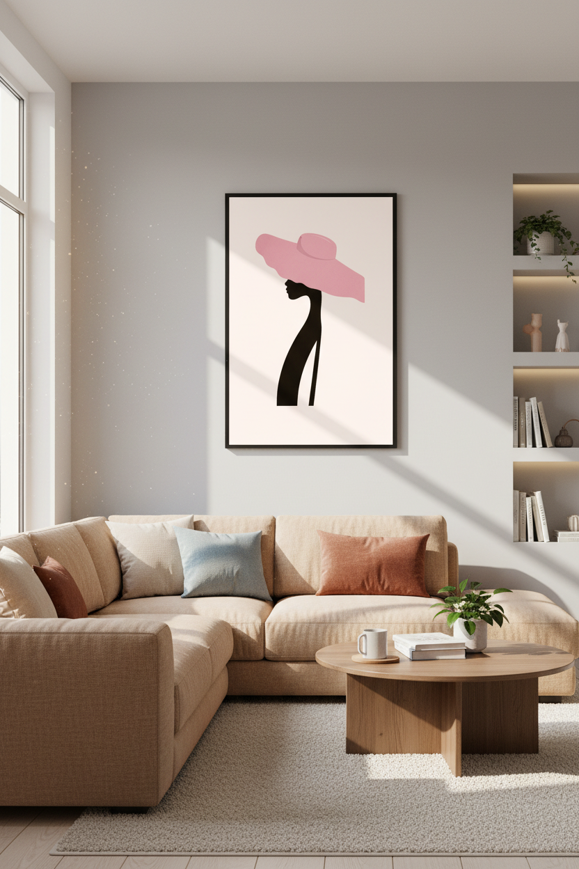 Minimalist Woman with Pink Hat Wall Art | Abstract Fashion Print | Modern Home Decor Poster | Elegant Portrait Wall Hanging