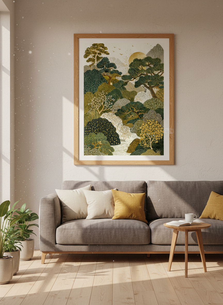 Zen Forest Landscape Wall Art | Japanese Nature Decor, Gold Green Art Print