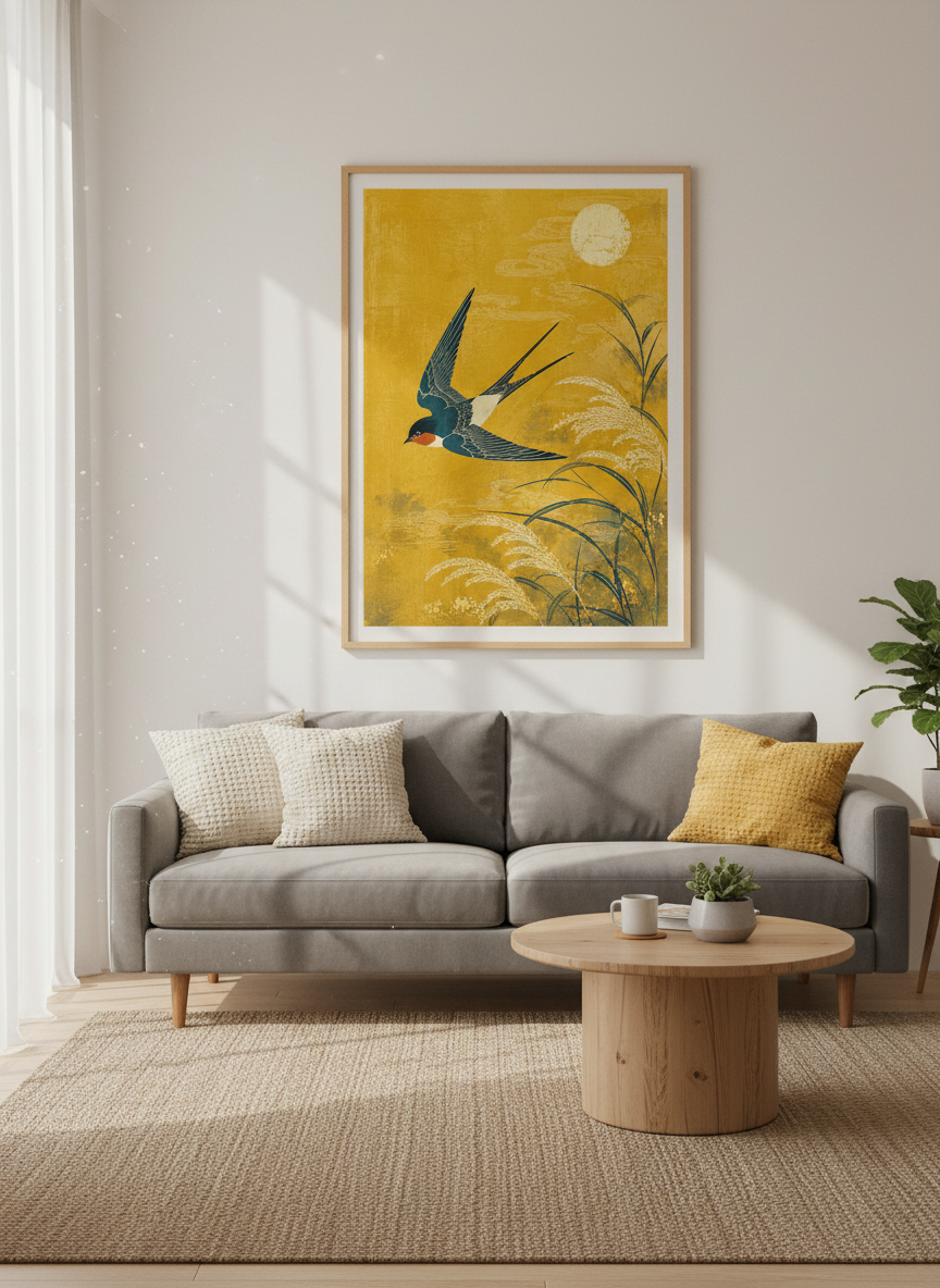 Japanese Swallow &amp; Moon Print | Ukiyo-e Style Art, Gold Yellow Decor