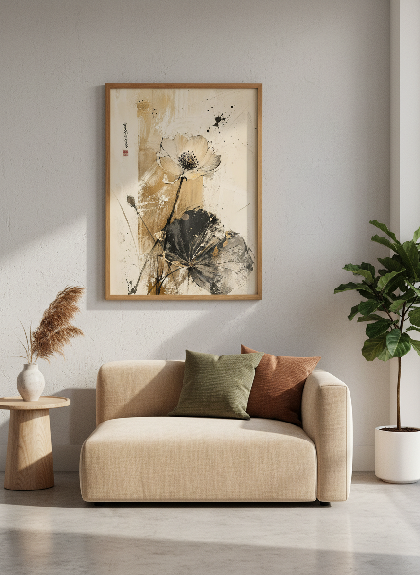Abstract Floral Wall Art | Zen Decor, Neutral Gold Flower Print, Japandi Aesthetic