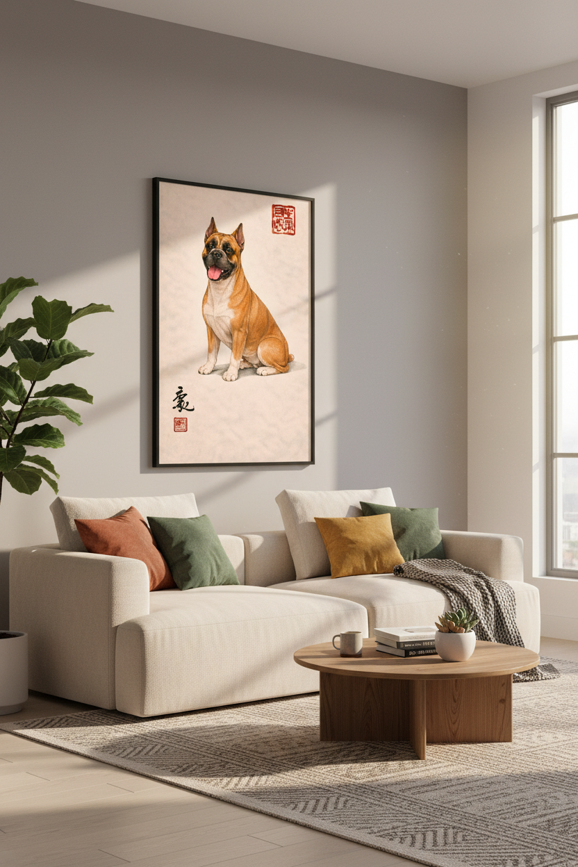 Boxer Dog Poster Print | Chinese Art Style Wall Hanging | Pet Portrait Dog Lover Gift | Unique Home Decor Wall Art