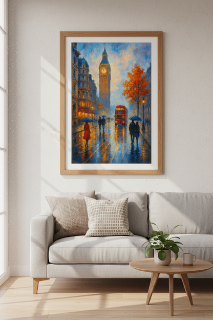 Impressionist London Wall Art Print | Big Ben Westminster Living Room Decor | Rainy Cityscape Poster | Red Bus Painting