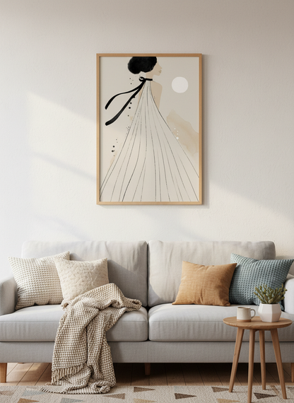 Minimalist Fashion Woman Art | Abstract Elegant Decor | Beige &amp; Black Line Art Print