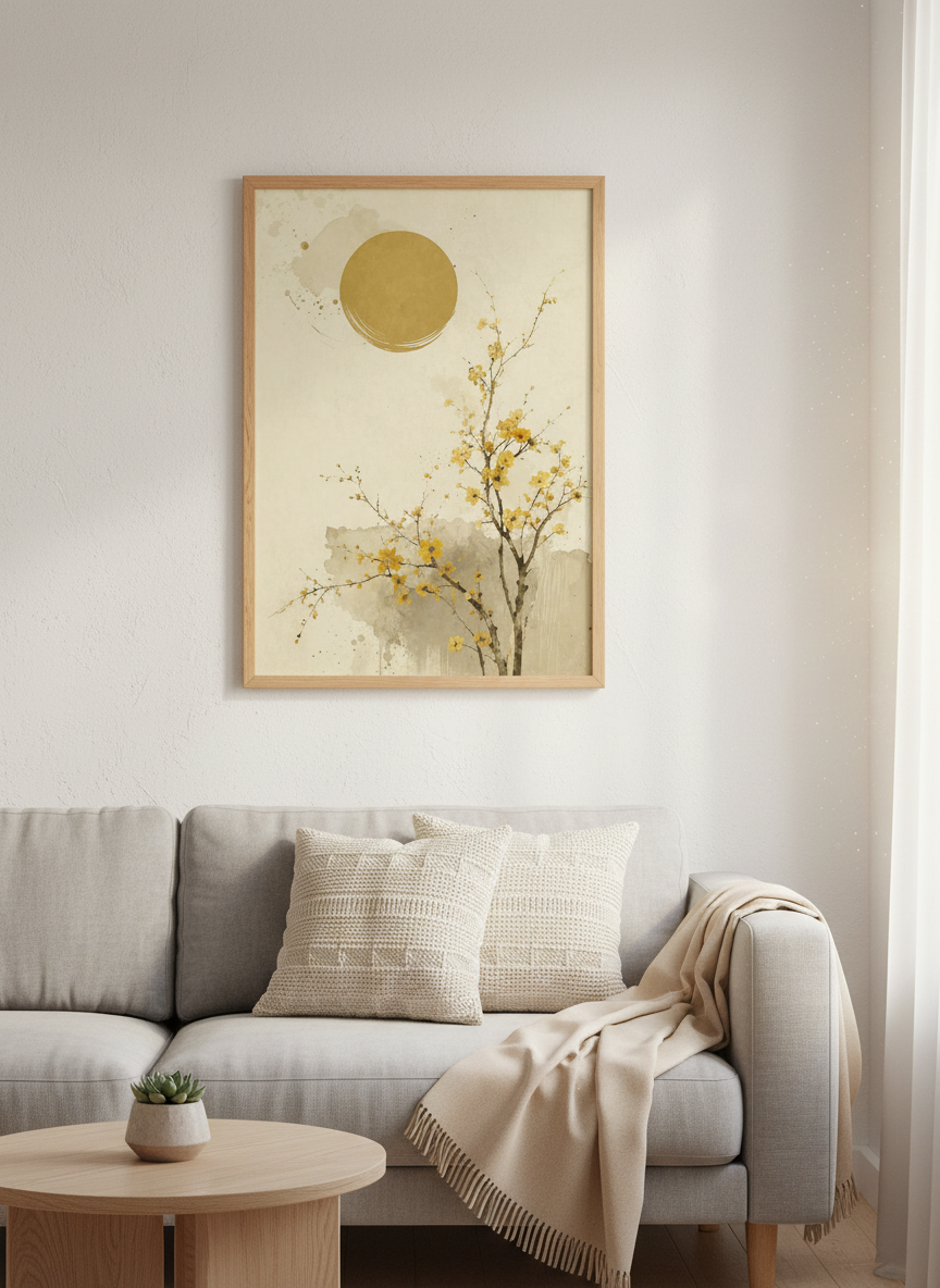 Zen Cherry Blossom Art Print | Japanese Floral Wall Decor | Mid Century Modern Boho