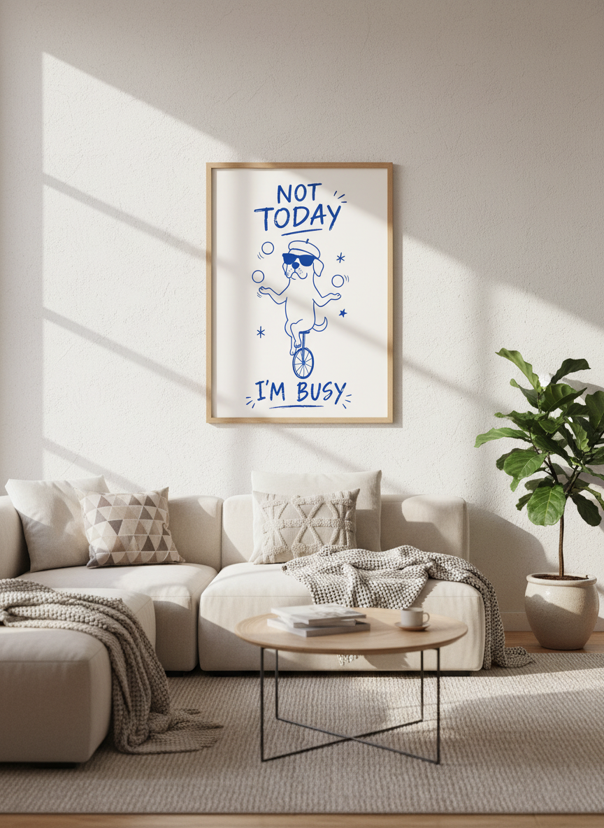 Funny Dog Busy Unicycle Juggling Print | Humorous Home Decor | Blue Line Art Poster