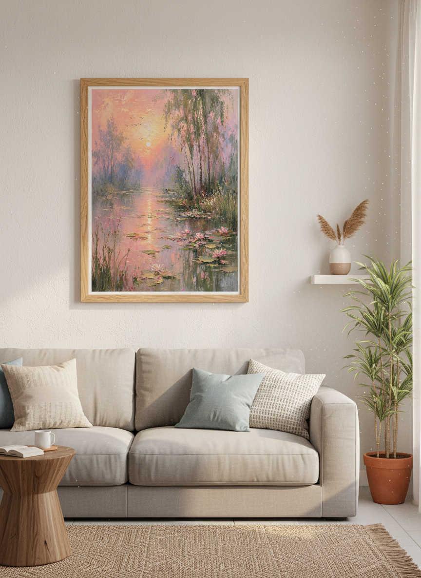 Water Lily Lake Sunset Painting | Serene Landscape Wall Art, Pink Pastel Decor