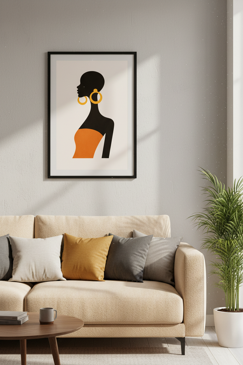 Minimalist Afrocentric Woman Wall Art Print | Bold Black &amp; Orange Silhouette Decor | Modern African Queen Poster | Home Decor