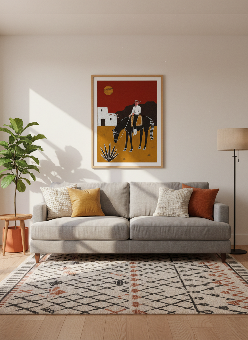 Southwestern Folk Art Framed Print | Cowboy &amp; Horse Wall Art | Rustic Desert Decor | Ready to Hang Mid Century Poster