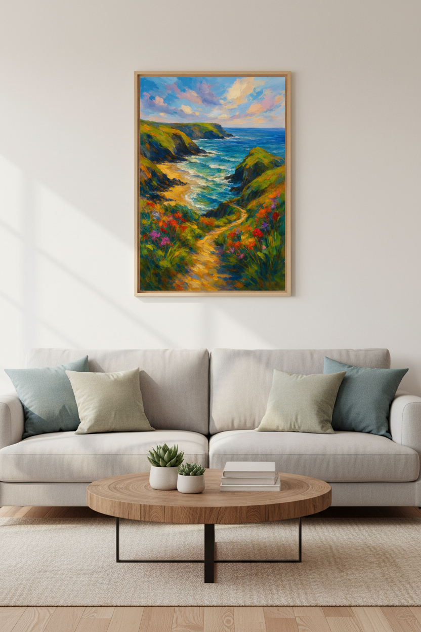 Impressionist Cliffside Beach Art Print | Coastal Landscape Wall Decor | Vibrant Ocean Poster | Colorful Seascape Gift