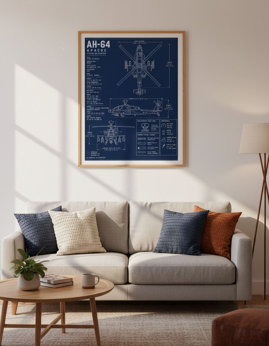 AH-64 Apache Blueprint Wall Art | Aviation Decor, Man Cave Poster, Gift for Him
