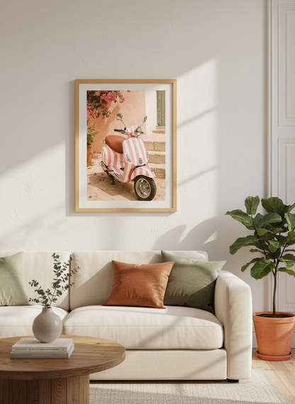 Retro Pink Vespa Framed Art Print | Aesthetic Bedroom Decor | Pink Wall Art | Preppy Room Poster | Ready to Hang Beach House Decor