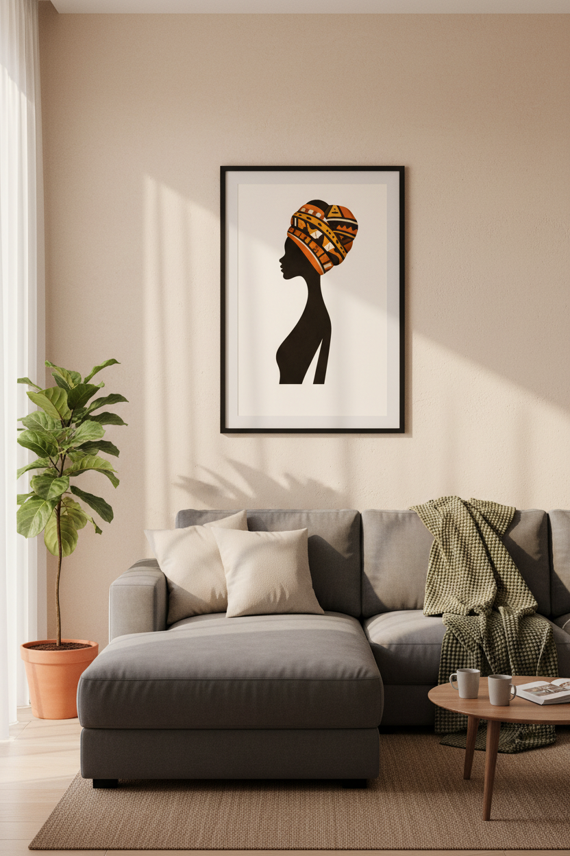 African Woman Portrait Wall Art | Ethnic Headwrap Print | Black Silhouette Home Decor | Abstract Boho Wall Hanging