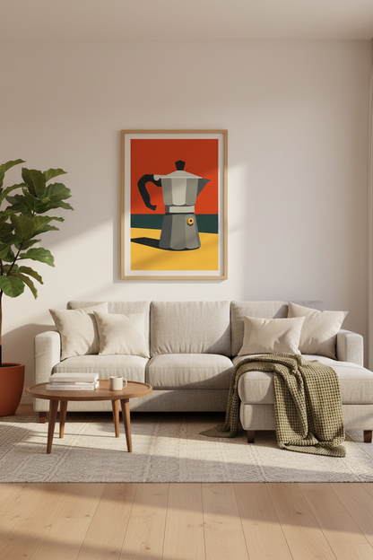 Retro Moka Pot Wall Art Print | Kitchen Decor | Mid-Century Modern Coffee Poster | Unframed, Framed, Digital Download