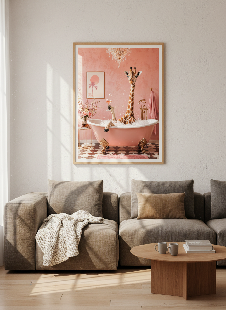 Giraffe in Bathtub Art | Pink Bathroom Decor, Whimsical Animal | Glam Poster Print