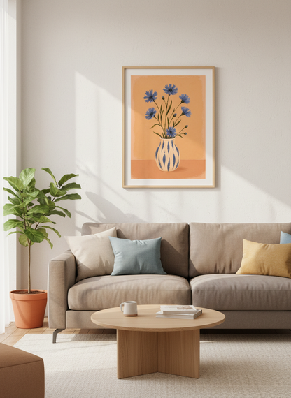 Rustic Floral Art Print | Blue Cornflower Vase Framed Wall Art | Botanical Farmhouse Decor | Mid-Century Modern Poster