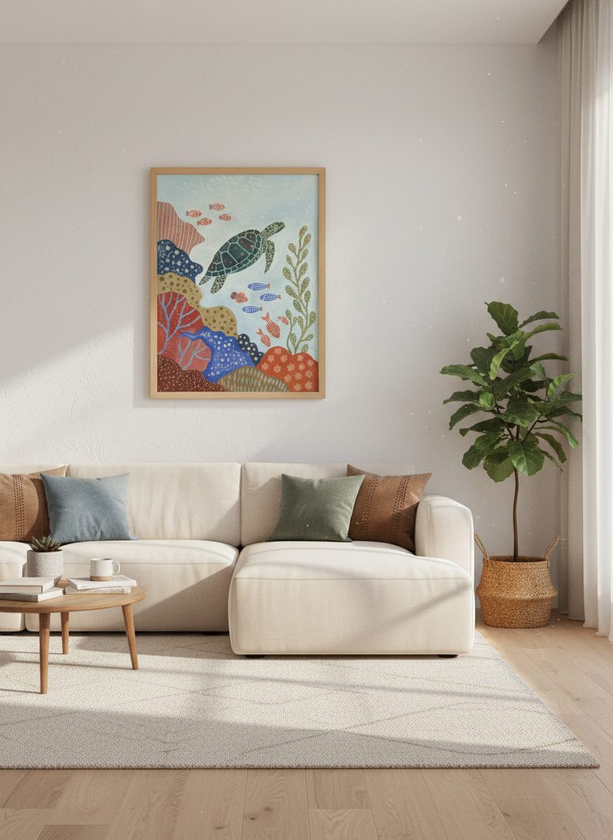 Sea Turtle &amp; Coral Reef Art Print | Ocean Nursery Decor, Coastal Kids Room Art