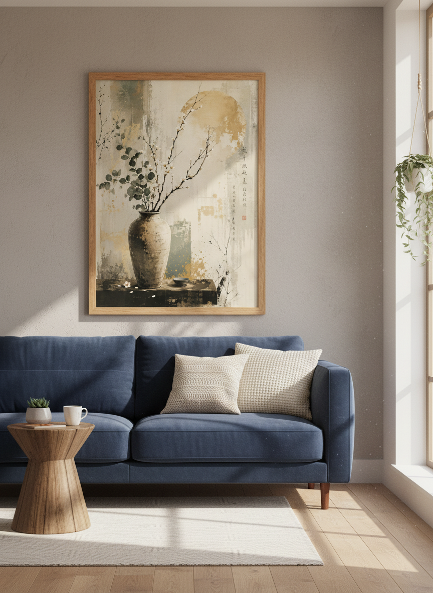 Zen Cherry Blossom Vase Art | Japanese Style Still Life Print, Bedroom Decor
